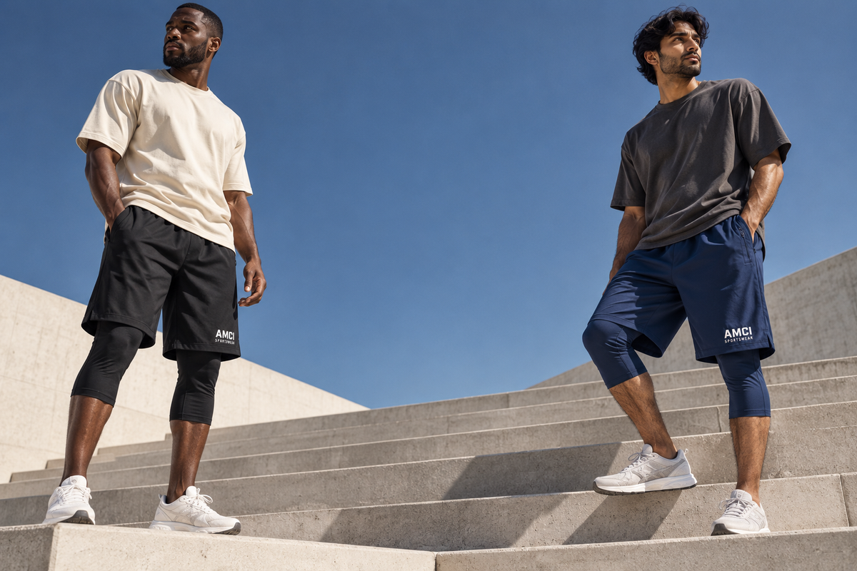 AMCI sportswear campaign with black and navy awrah shorts
