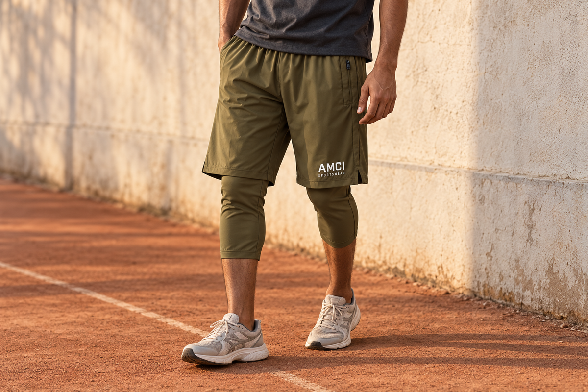 Khaki green awrah shorts in an outdoor campaign view