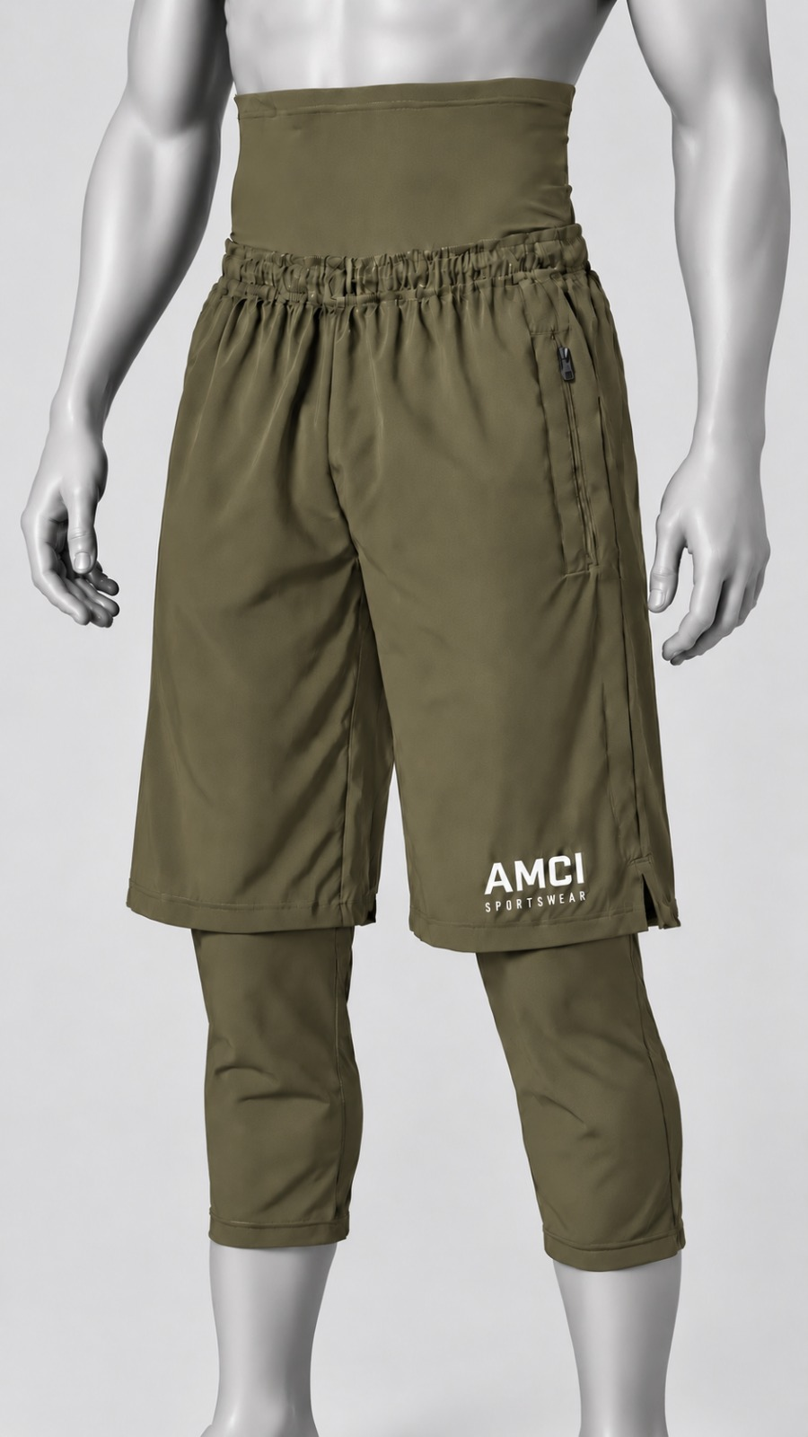 AMCI awrah shorts in khaki green, supplied studio mannequin view