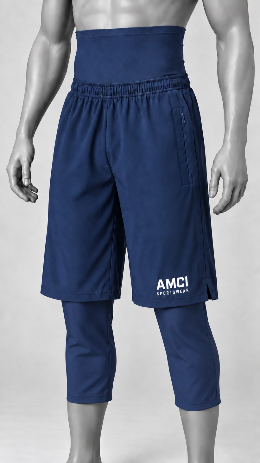 AMCI awrah shorts in navy blue, supplied studio mannequin view