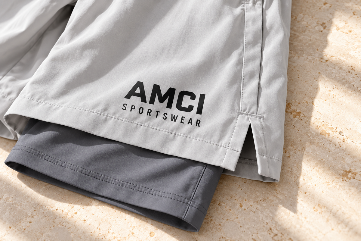 Grey awrah shorts with an extended inner layer and AMCI branding