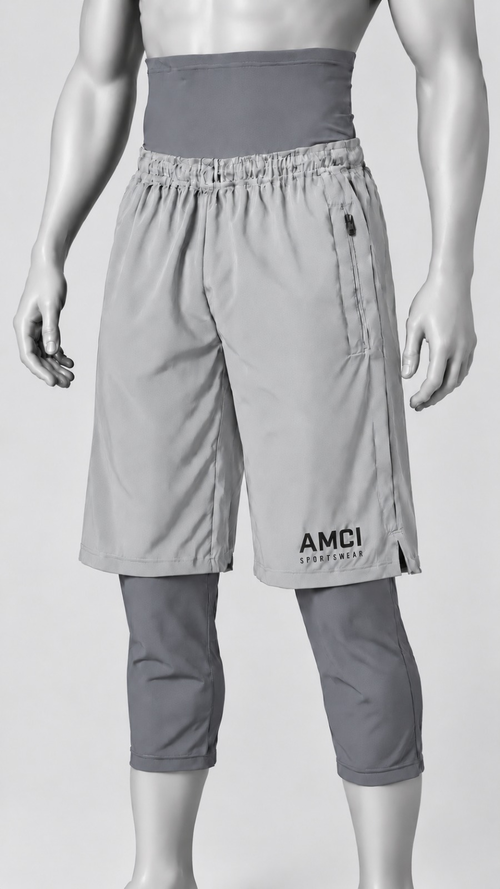 AMCI awrah shorts in grey, studio view showing the outer short and extended inner layer